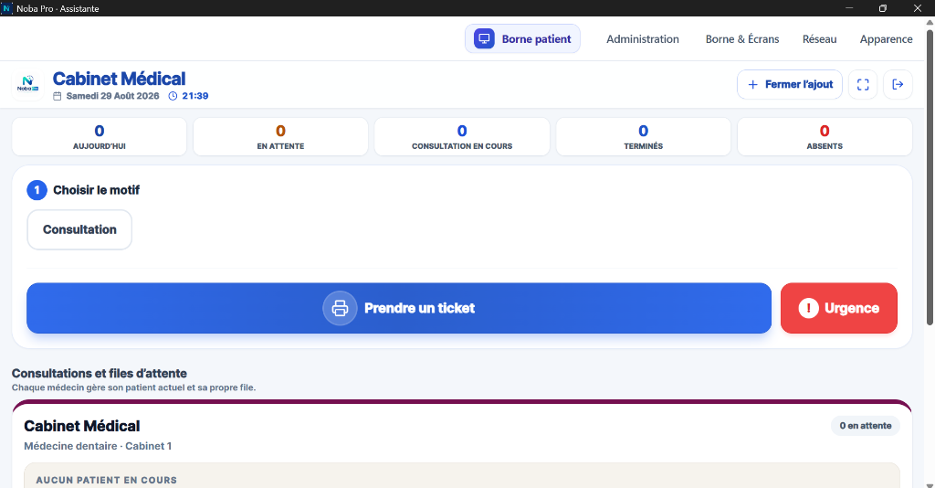 Interface de l'application Noba Pro pour gérer la file d'attente d'un cabinet médical